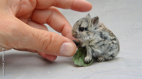   A small mouse perched on a leaf near a hand resting on a table photo