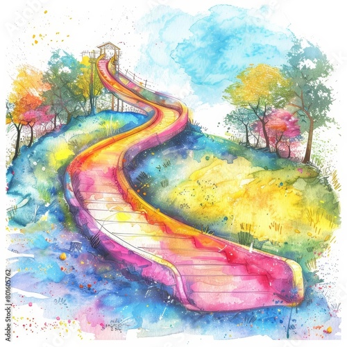 A long and winding watercolor slide goes down a grassy hill