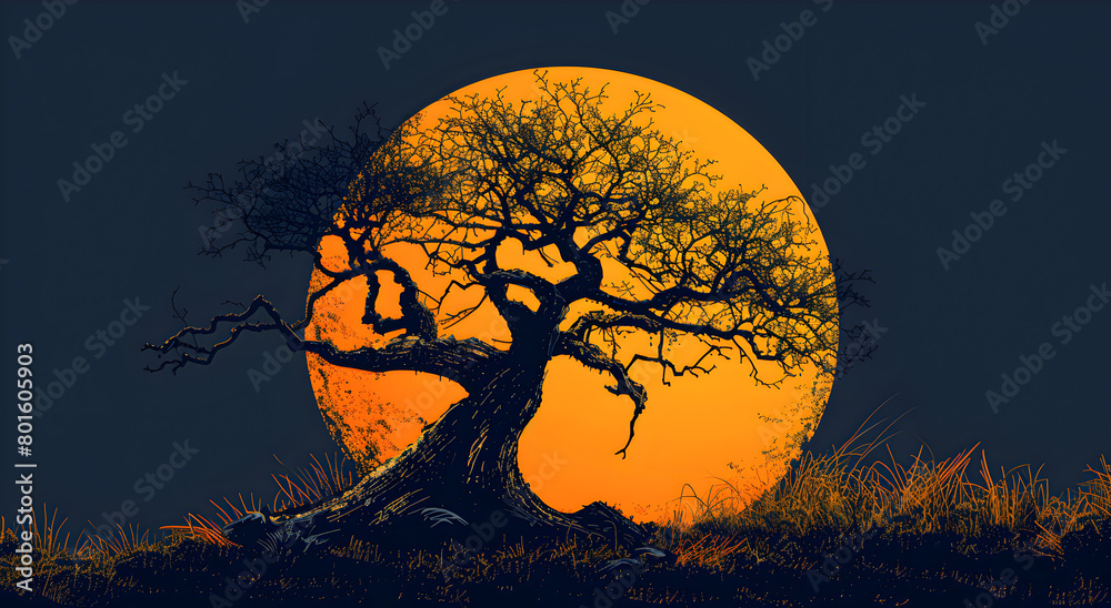 An ominous tree against a large moon.