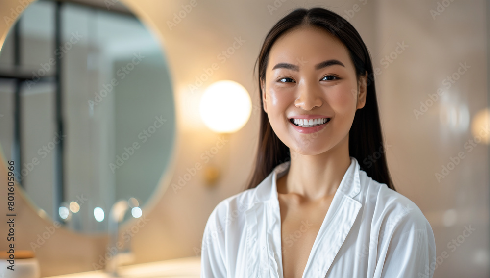 beautiful Asian woman with straight hair, smiling and wearing white pajamas is standing in front of the bathroom mirror beautiful Asian woman with straight hair, smiling and wearing white pajamas is standing in front of the bathroom mirror
