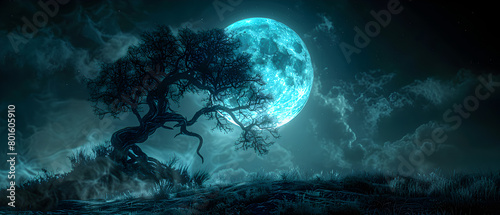 An ominous tree against a large moon.