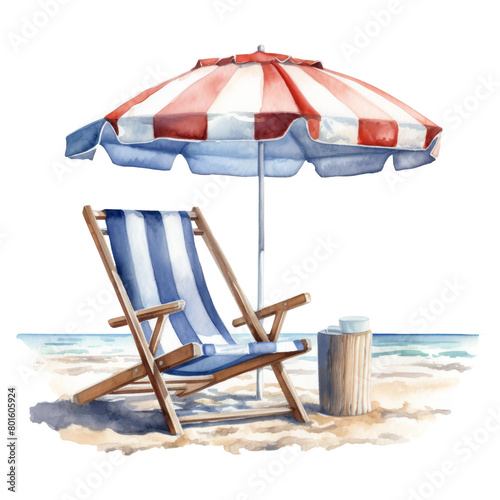 Beach Chair with Umbrella Isolated Detailed Watercolor Hand Drawn Painting Illustration