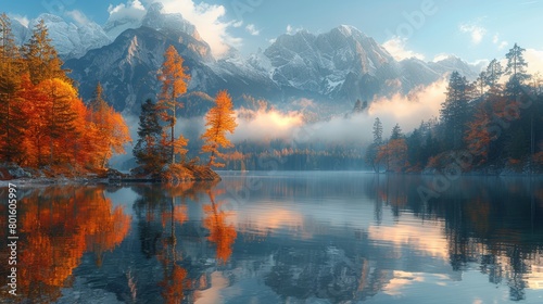 Autumn scene captures Hintersee Lake at sunrise, featuring vibrant orange foliage, serene waters, and majestic snow-covered mountains. photo