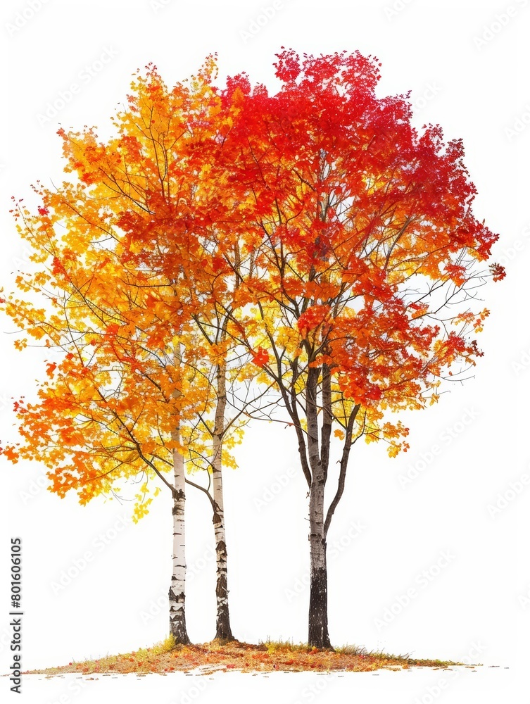 A photo of three trees with red and yellow leaves in the fall.