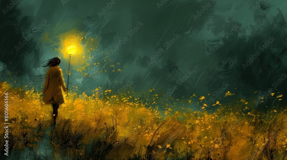 A woman walking through a field with an umbrella in the rain, AI