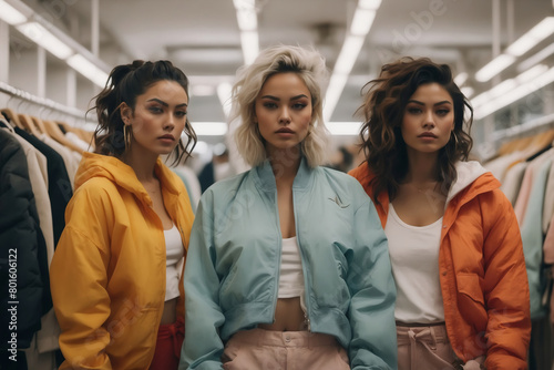Drei junge Frauen in farbenfrohen Jacken stehen entschlossen in einem trendigen Modegeschäft photo