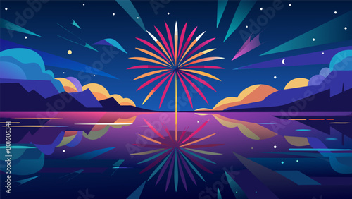 As the night sky is illuminated with the burst of fireworks the tranquil waters of the lake mirror the vibrant display creating a pictureperfect. Vector illustration