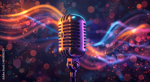 A vivid illustration of a microphone with musical elements.