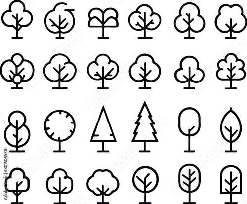 set of graphics trees elements outline symbol for architecture and landscape design drawing. Vector illustration in white 