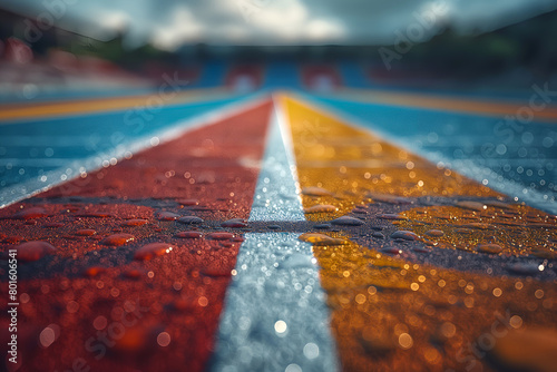 Rainy sports track with vivid reflections and drops. Wet running track with colorful, reflective surface after rain. Detailed view of a rainy athletic track with glistening water drops