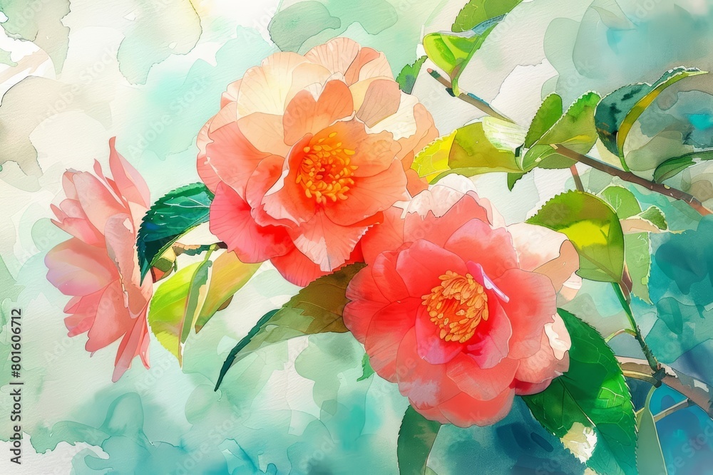 A watercolor painting of pink camellias.