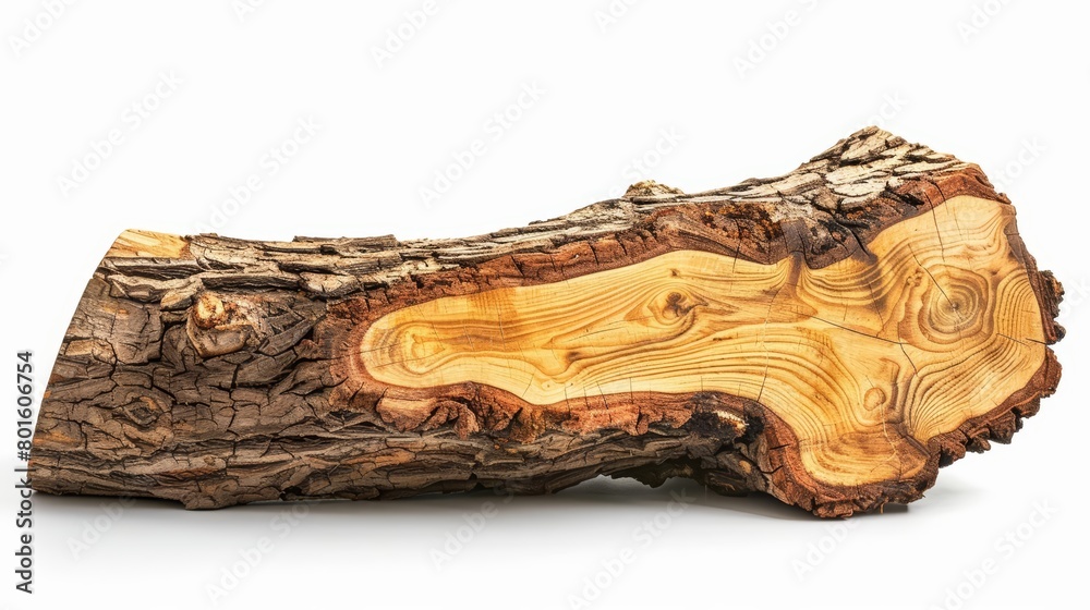 A wooden stump with a smooth top and rough bark on the sides, isolated on a white background. A wooden stump with a smooth top and rough bark on the sides, isolated on a white background.