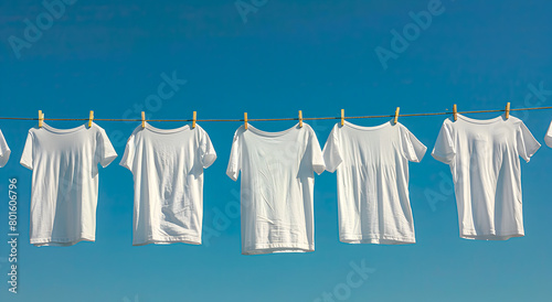 White t-shirts hanging on a clothespin line against a clear blue sky.