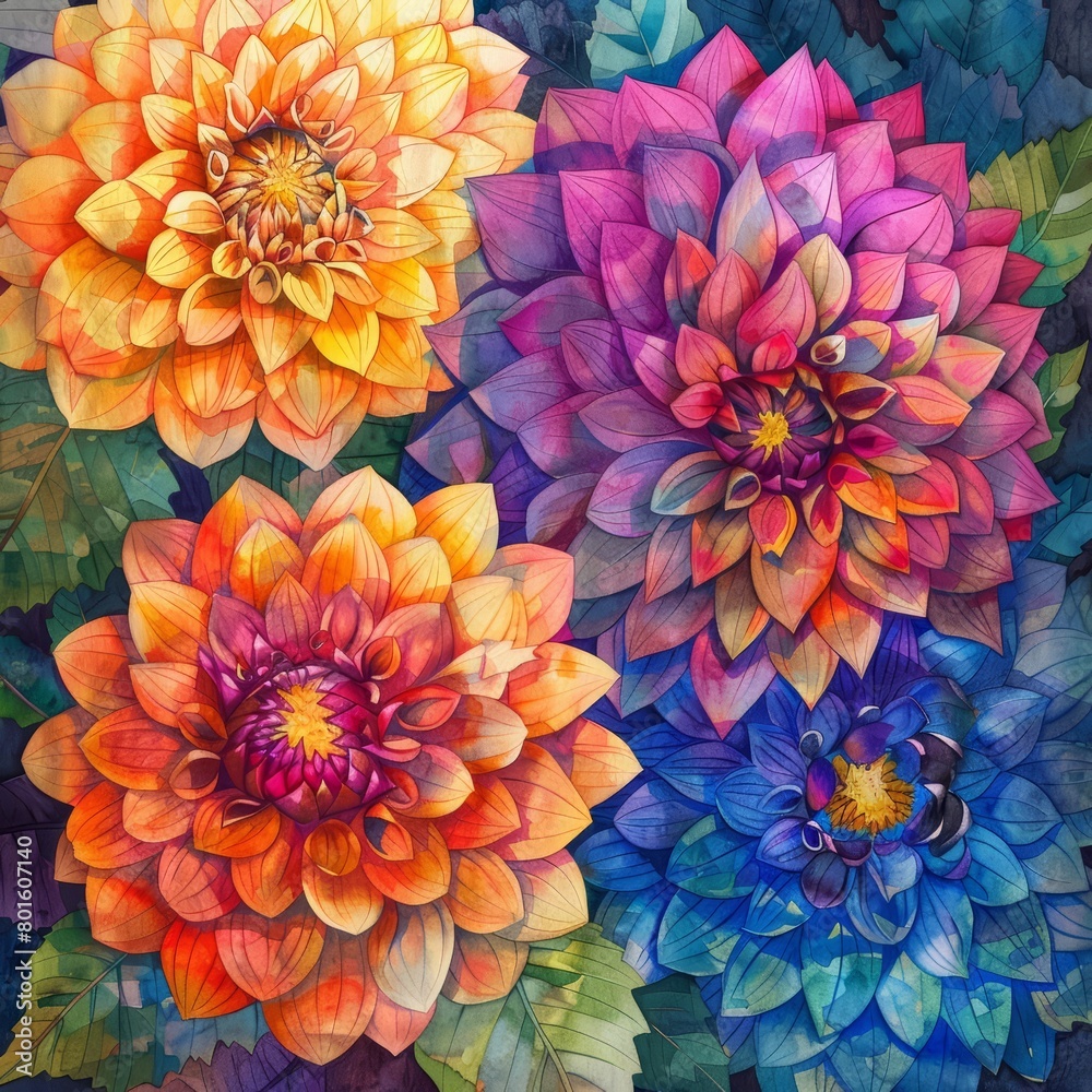 A watercolor painting of dahlias with a dark background