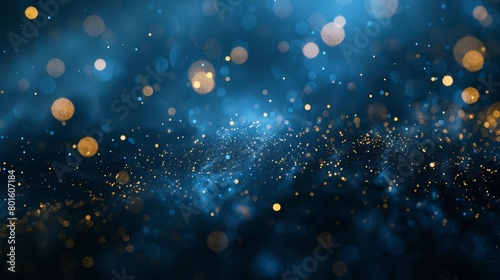 abstract dark blue background with shimmering gold particles and bokeh lights