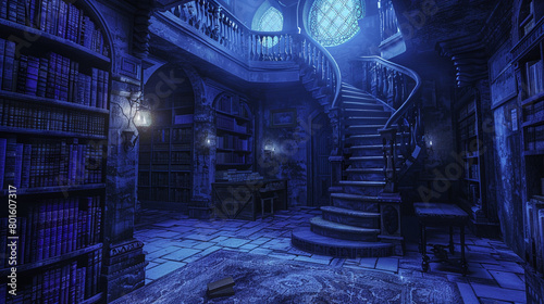 A fairytale tower library, winding staircase, and a single ancient tome glowing softly in the moonlight.