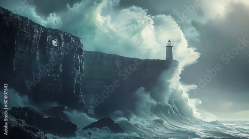 a dramatic scene where a colossal wave crashes against a rugged cliff. Atop this cliff stands a solitary lighthouse, defiant amidst the tempestuous weather