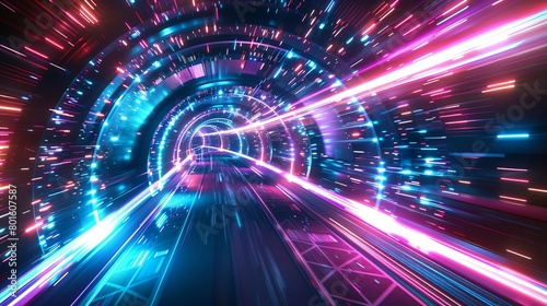 abstract futuristic tunnel portal with glowing neon wave lines and flares high speed data transfer concept