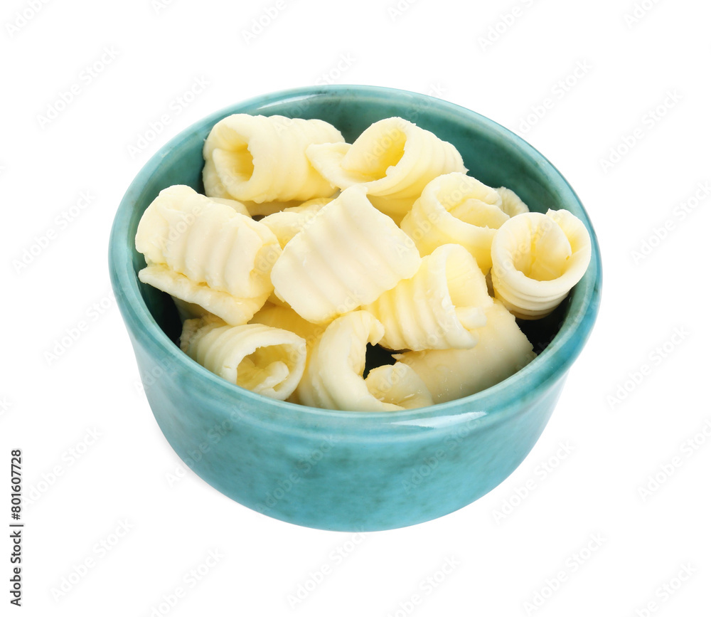 Tasty butter curls in bowl isolated on white Tasty butter curls in bowl isolated on white