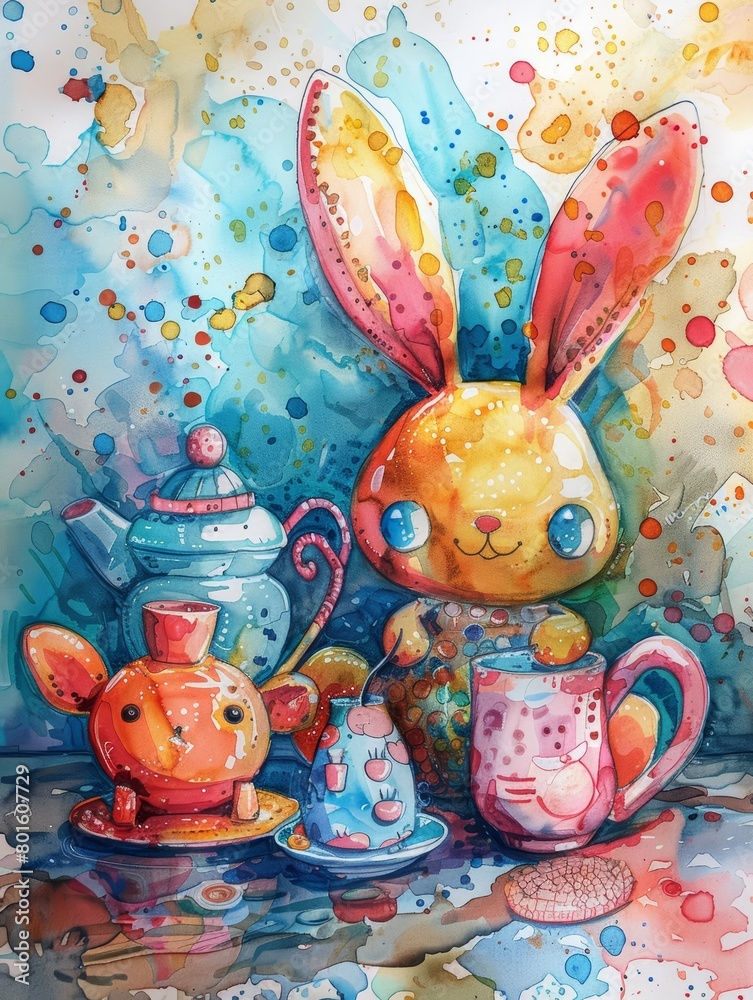 A cute watercolor painting of a rabbit having a tea party with a mouse and a bear A cute watercolor painting of a rabbit having a tea party with a mouse and a bear