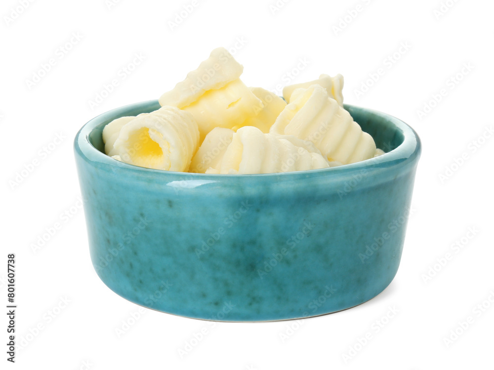 Tasty butter curls in bowl isolated on white Tasty butter curls in bowl isolated on white