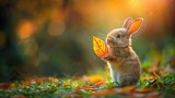   A rabbit holds a leaf in its mouth, standing on hind legs against a hazy backdrop