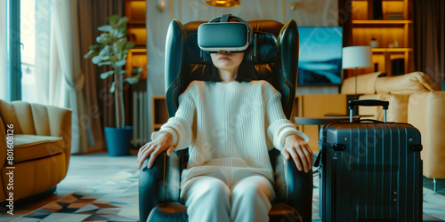 Person sitting in a comfortable chair in living room with a VR headset on, experiencing a virtual vacation, with a suitcase in the background.