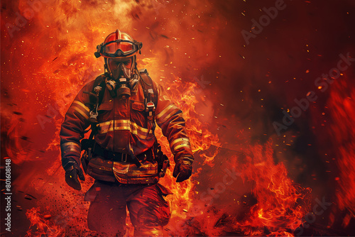 Firefighter walking through a dramatic fiery scene, copy space