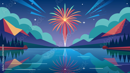 A serene lake offering a perfect viewing point for the majestic fireworks its still waters reflecting the bursts of light and colors in the sky.. Vector illustration