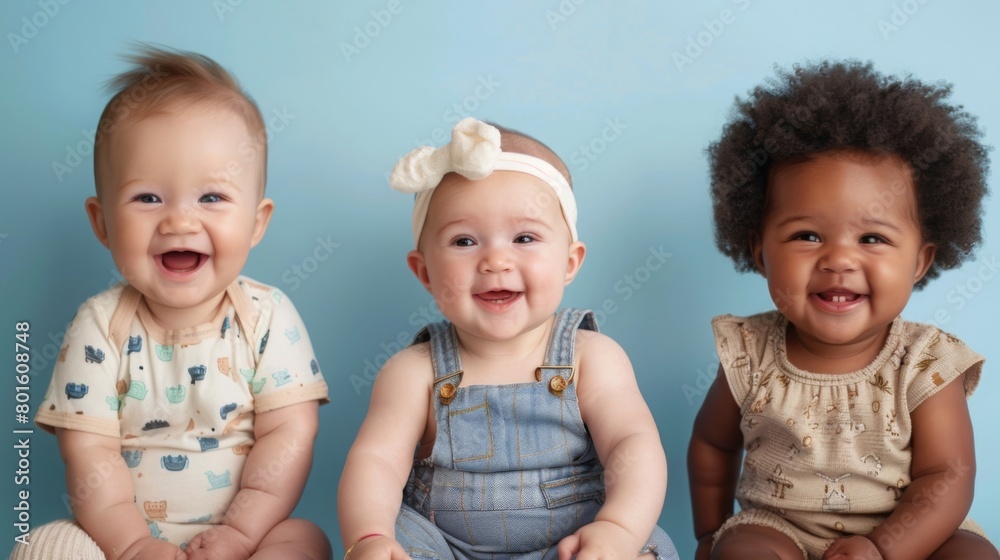 Cheerful infants seated side by side, exhibiting joy and diversity, with a plain backdrop. Cheerful infants seated side by side, exhibiting joy and diversity, with a plain backdrop.