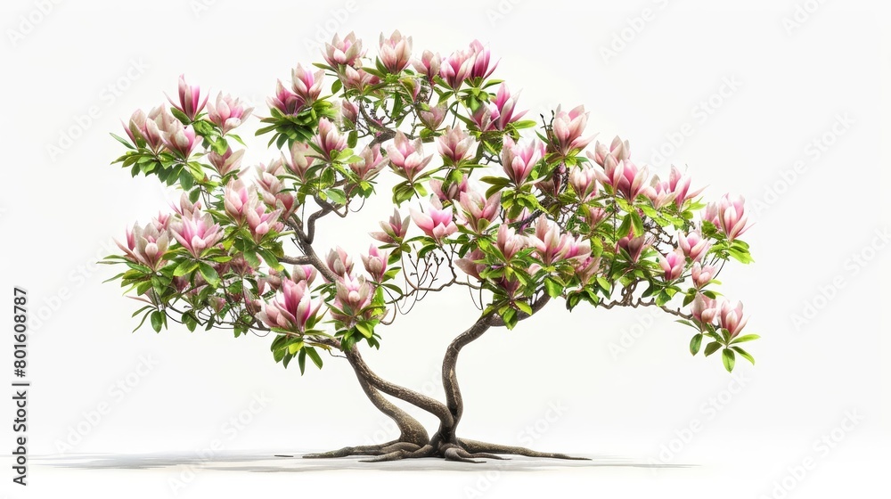 A photo of a magnolia tree in full bloom against a white background.