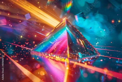 A 3D rendering of a crystal pyramid on a reflective surface. The pyramid is in focus and surrounded by colorful light rays. The background is a dark blue. photo
