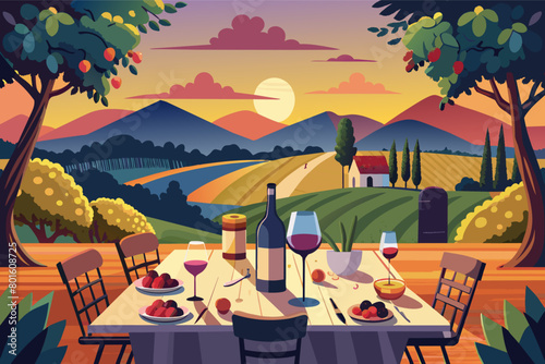 Al fresco vineyard dinner with a sunset view, wine pairings for each course, and soft music