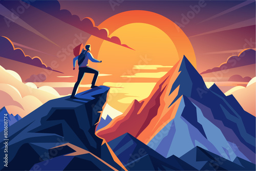 A motivational illustration of a person climbing a mountain towards a bright sunrise representing the new year.