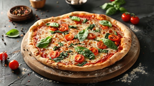 Tasty neapolitan pizza with mozzarella, tomatoes and spinach on dark background. AI generated