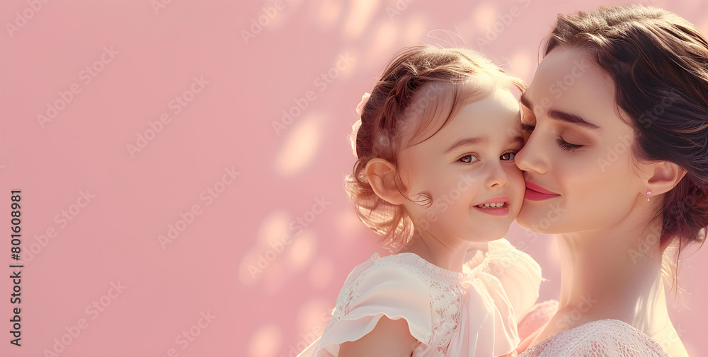 A loving mother and her young child share a tender moment on a soft pink background, embodying warmth and affection. A loving mother and her young child share a tender moment on a soft pink background, embodying warmth and affection.