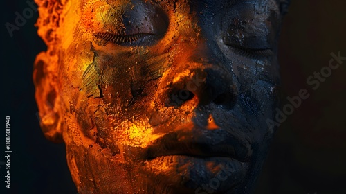 A close view of a cracked clay sculpture portraying interracial human face.