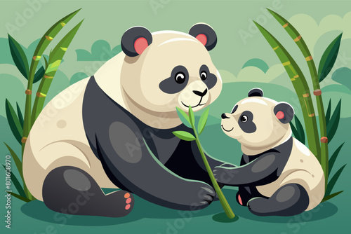 A mother panda tenderly feeding bamboo to her adorable cub, sharing a moment of affection