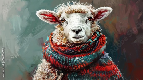 adorable fluffy sheep wearing traditional icelandic sweater cute animal portrait digital painting photo