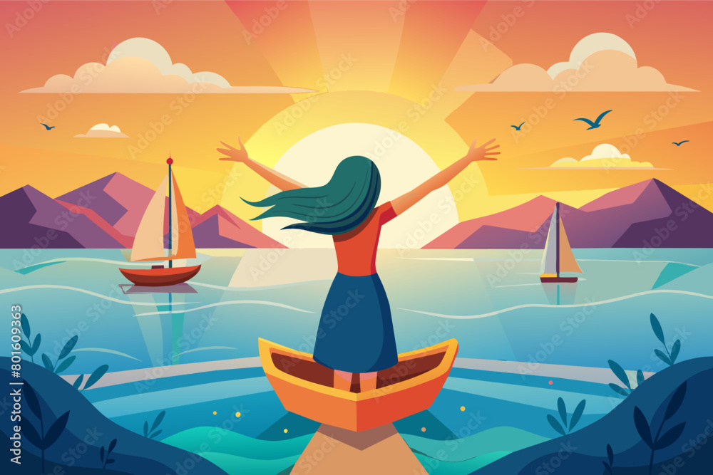 A moment of freedom, a girl spreading her arms wide as her boat sails towards the horizon