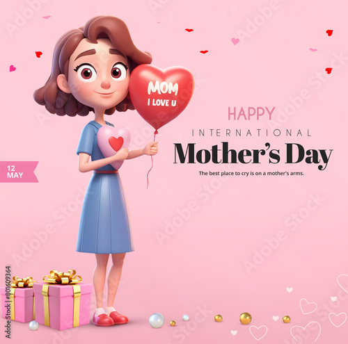 Mother’s day background with 3d rendering cartoon woman character holding heart shaped balloon isolated on pink background © Foxgrafix