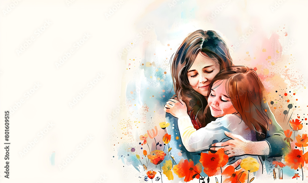 Watercolor illustration of a mother and daughter embracing, with flowers and space for text, suitable for Mother's Day.