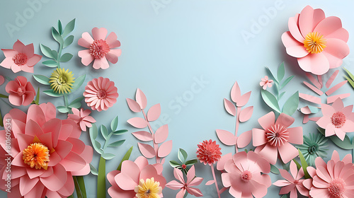 Handcrafted paper cut flowers in pastel colors on a turquoise background suitable for spring events or as elegant wall art.