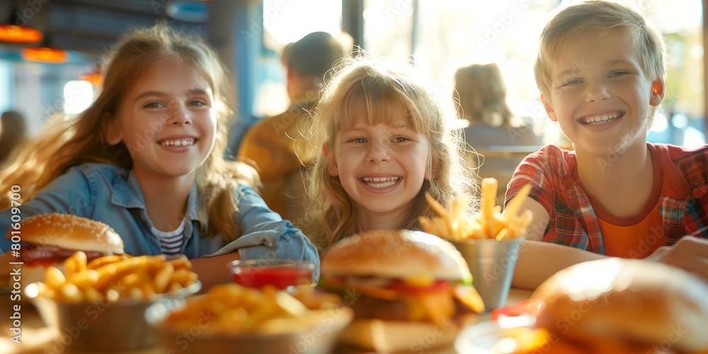 Group of happy cheerful children enjoying their burgers and potato fries in fast food restaurant. Eating out lifestyle.