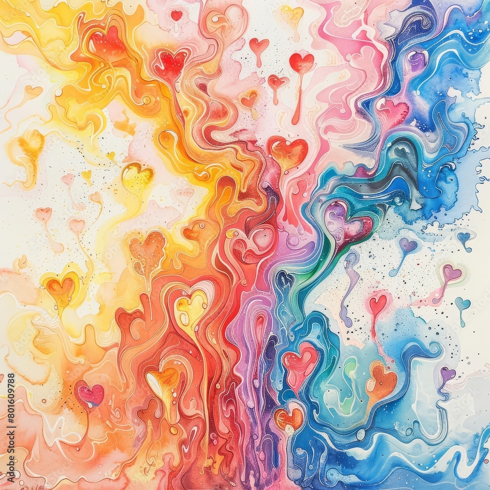 A colorful abstract painting with a pattern of hearts and a rainbow of colors.