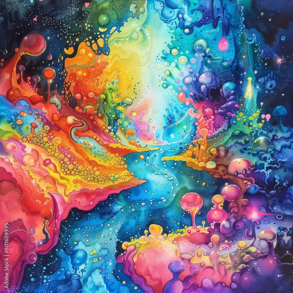 A colorful abstract painting with bright colors and a lot of detail.