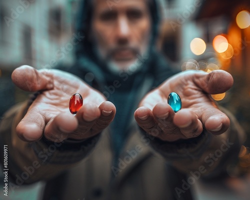 A man holding a red pill and a blue bead, representing a choice between two different paths or destinies  8K , high-resolution, ultra HD,up32K HD photo