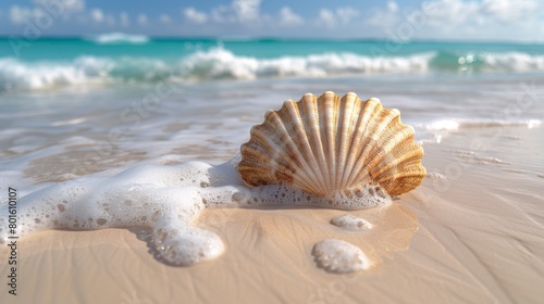 A seashell on the beach with waves and ocean in background, AI
