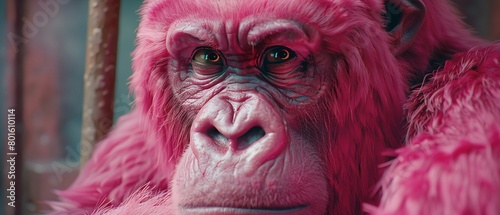 A pink gorilla looking suspiciously at the camera lens, adding a humorous and entertaining element to the scene  8K , high-resolution, ultra HD,up32K HD