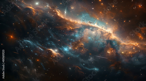 a celestial scene in outer space. Against a dark backdrop, a vibrant galaxy or nebula shines brightly on the right side
